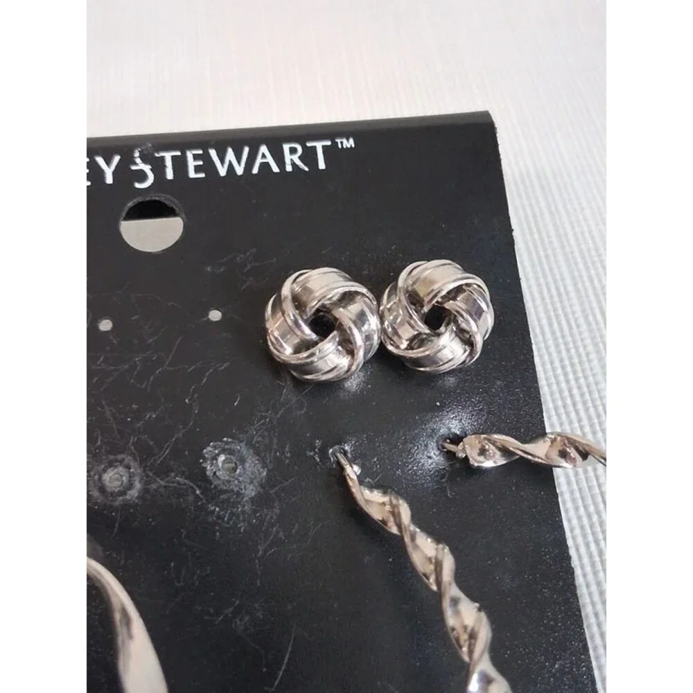 Ashley Stewart Silver Toned Twisted Metal Oversized Hoops Stud Earrings Set of 4